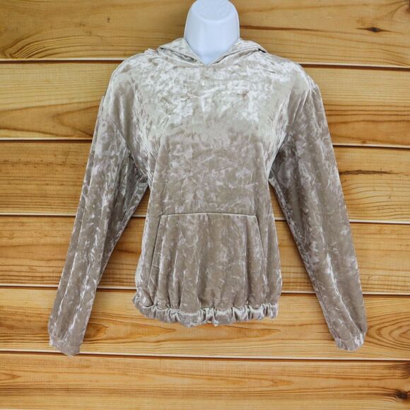 GUESS Sweatshirt Lined Hooded Womens Sz S Beige Shimmering Silver Velvet Pockets - Picture 1 of 7